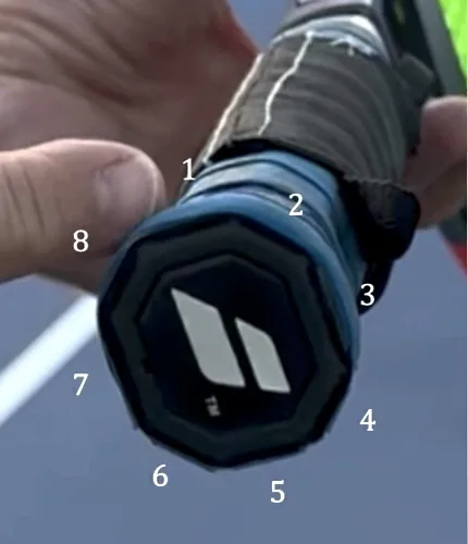 The butt cap of a real racket with its eight bevels numbered one to eight