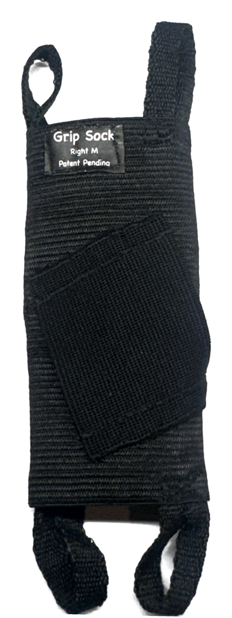 Front of the Grip Sock sleeve showing the built-in finger slot and the sizing label